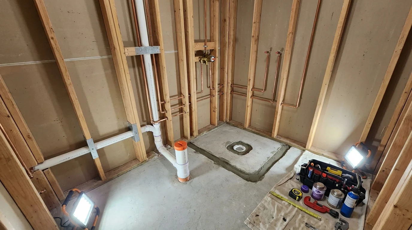 Bathroom rough-in plumbing during remodel by Johns Plumbing LLC in Philippi
